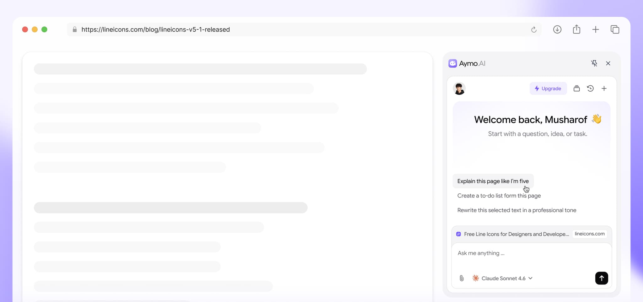 Aymo AI Browser Mockup
